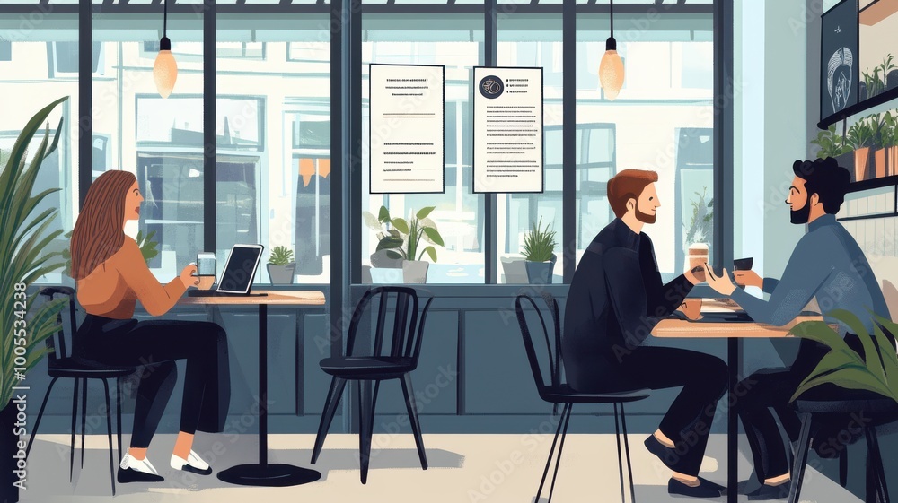 People enjoying beverages in a cozy cafe setting with modern decor. People enjoying beverages in a cozy cafe setting with modern decor.