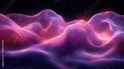 Colorful abstract waves ripple gently in a cosmic landscape filled with stars during the dark night sky