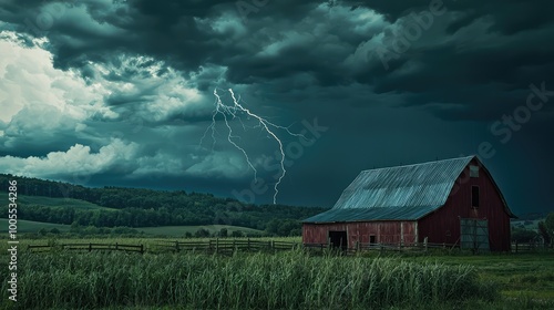 A dramatic landscape featuring a red barn under a stormy sky with lightning striking in the background, evoking nature's power. photo