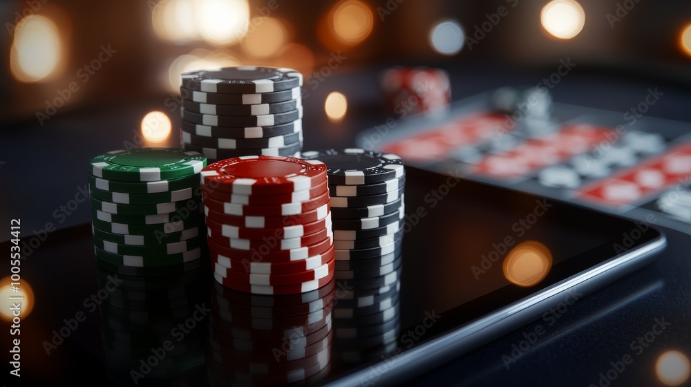 A close-up of poker chips in various colors on a reflective surface, with a blurred gaming table and lights in the background. A close-up of poker chips in various colors on a reflective surface, with a blurred gaming table and lights in the background.
