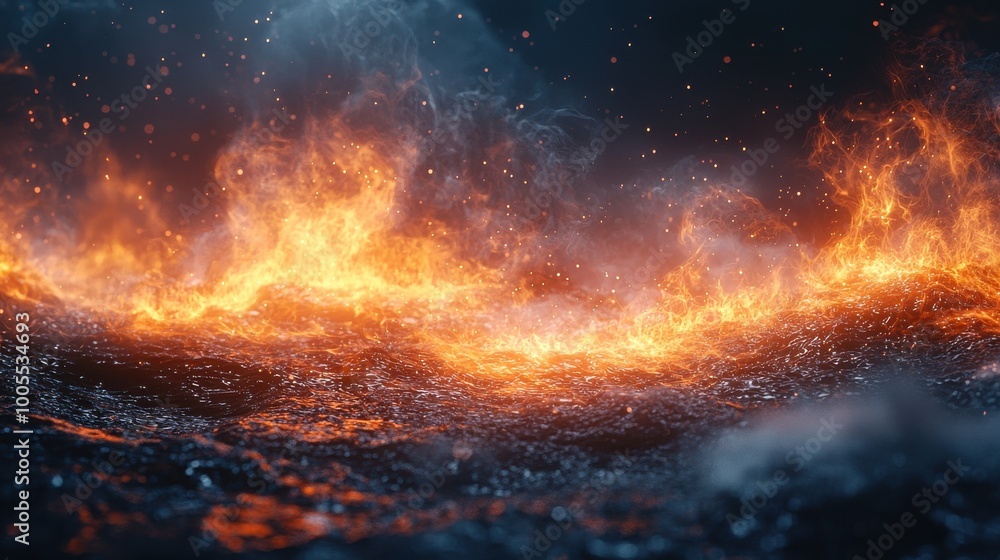 Fototapeta premium Luminous waves of fire dance upon dark waters under a night sky, creating a striking contrast that captivates viewers