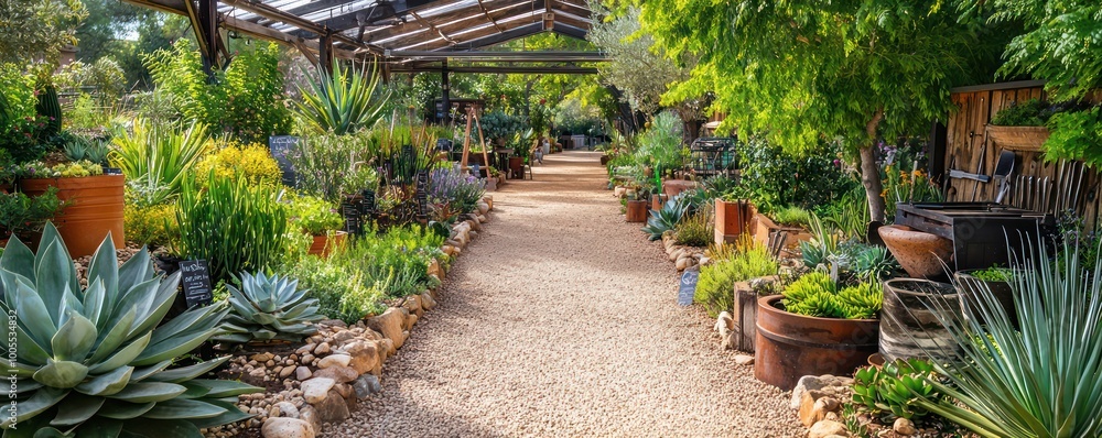 A sustainable garden center specializing in drought-resistant landscaping, selling tools made from recycled metals and organic gardening supplies A sustainable garden center specializing in drought-resistant landscaping, selling tools made from recycled metals and organic gardening supplies