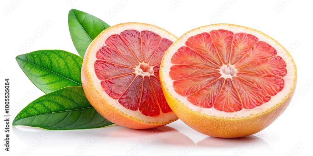 Pink grapefruit cut in half with leaves isolated on white background Pink grapefruit cut in half with leaves isolated on white background