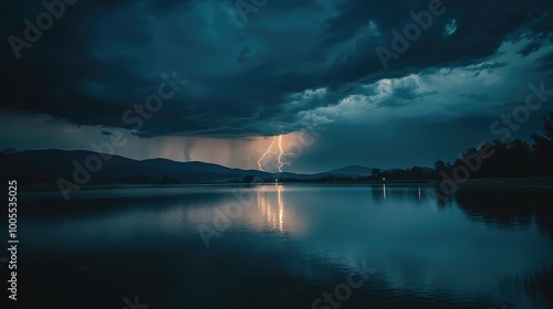 A dramatic lightning strike illuminates the dark storm clouds over a serene lake at dusk, creating a stunning natural spectacle. photo