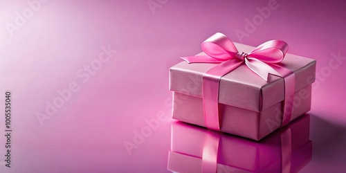 Pink gift box with ribbon reflected on pink background