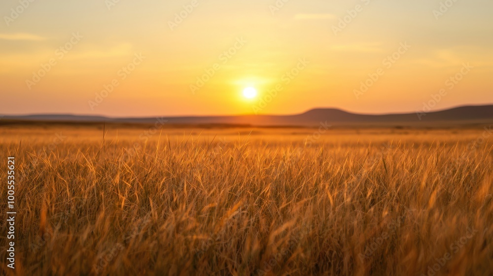 A field of tall grass with a sun setting in the background A field of tall grass with a sun setting in the background