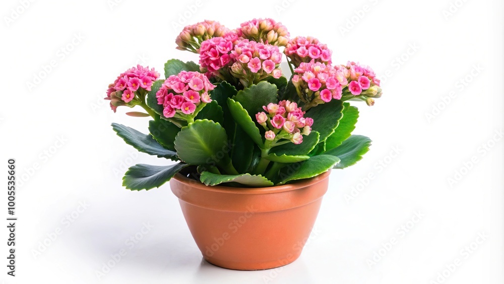 Pink kalanchoe plant in pot isolated on white background fisheye Pink kalanchoe plant in pot isolated on white background fisheye