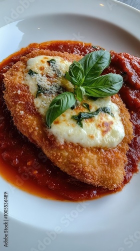 Vertical format, Delicious breaded chicken topped with melted cheese and fresh basil served on vibrant marinara sauce