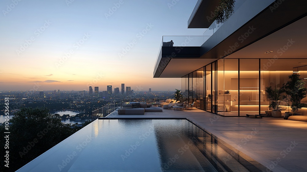 Modern luxury home with infinity pool and city view at sunset. Modern luxury home with infinity pool and city view at sunset.