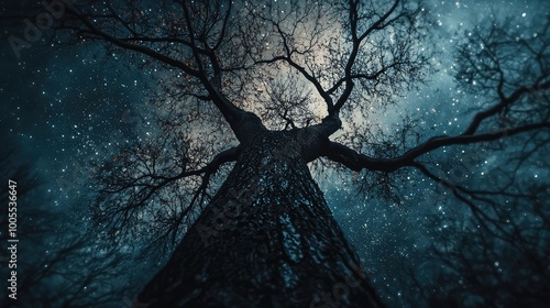 A dramatic view of a tree against a starry night sky, highlighting the intricate bark and branches reaching towards the cosmos. photo