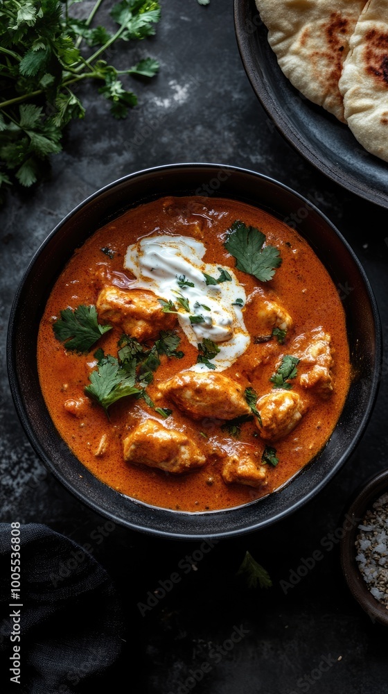 Vertical format, Creamy chicken curry served with fresh herbs in a dark bowl against a textured rustic surface Vertical format, Creamy chicken curry served with fresh herbs in a dark bowl against a textured rustic surface
