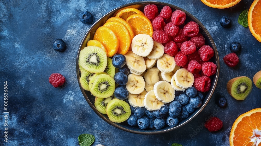 A vibrant bowl of assorted fresh fruits arranged in a colorful pattern, including bananas, kiwis, raspberries, blueberries, oranges, and more. A vibrant bowl of assorted fresh fruits arranged in a colorful pattern, including bananas, kiwis, raspberries, blueberries, oranges, and more.