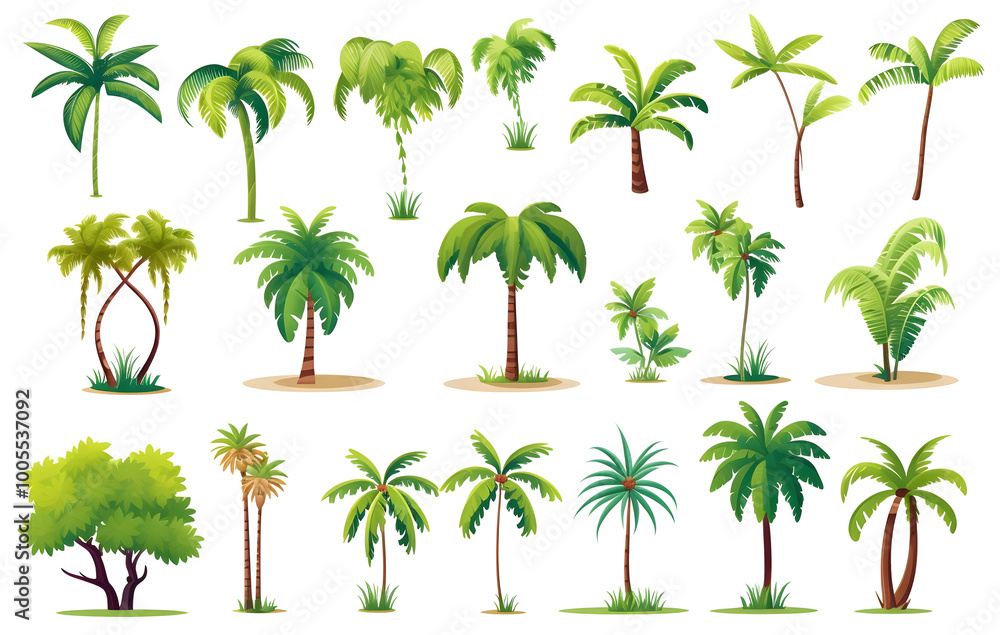 Naklejka premium Bright illustration of several palm trees on a white background.