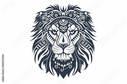 Lion head with tribal ornaments in simple line art.