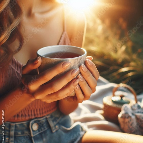 Hands of a young woman cradling a cup of tea in the morning sun, outdoor self-care scene photo