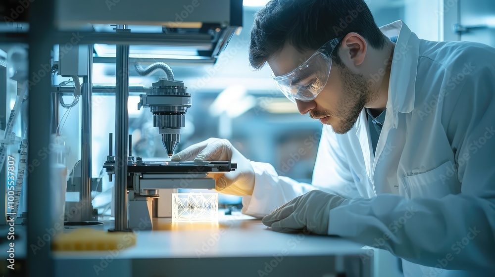 A focused scientist examines samples under a microscope in a well-lit laboratory environment, showcasing precision and dedication. A focused scientist examines samples under a microscope in a well-lit laboratory environment, showcasing precision and dedication.