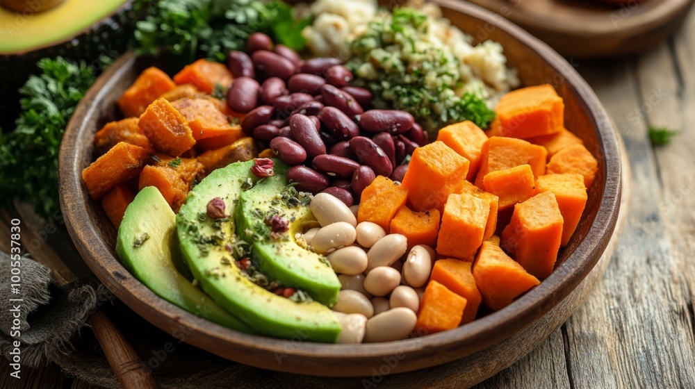 A vibrant bowl of mixed vegetables featuring sweet potatoes, beans, avocado, and kale, showcasing a healthy and colorful plant-based meal. A vibrant bowl of mixed vegetables featuring sweet potatoes, beans, avocado, and kale, showcasing a healthy and colorful plant-based meal.