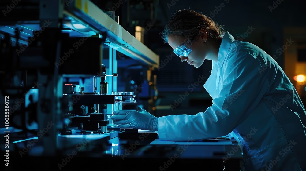 A focused scientist in a lab coat conducts research under dim lighting, emphasizing precision and innovation in scientific experiments. A focused scientist in a lab coat conducts research under dim lighting, emphasizing precision and innovation in scientific experiments.