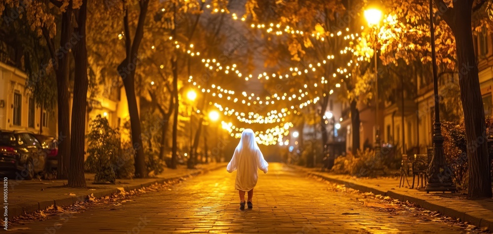 Person walking on a lit street with warm autumn colors, nighttime ambiance. Person walking on a lit street with warm autumn colors, nighttime ambiance.