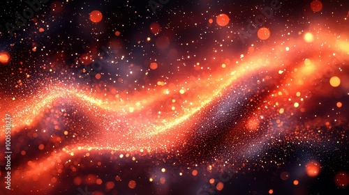 Abstract representation of flowing red and orange energy waves with sparkling particles in a dark background