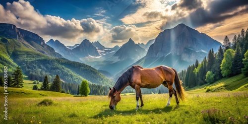 Amidst a serene mountain backdrop, a magnificent horse munches on lush summer grass, epitomizing the tranquility of the