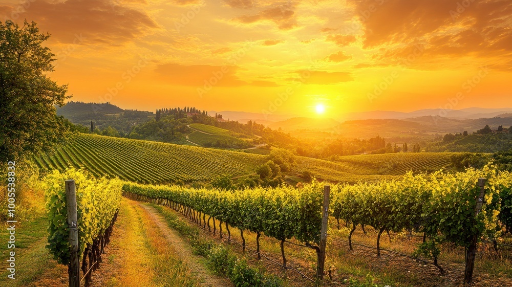 Fototapeta premium Picturesque vineyard at sunset, golden light illuminating the grape vines.