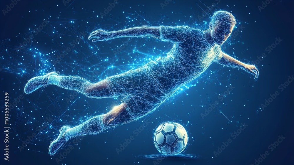 Abstract Soccer Player Footballer from Particles on Blue Low Poly Background Abstract Soccer Player Footballer from Particles on Blue Low Poly Background