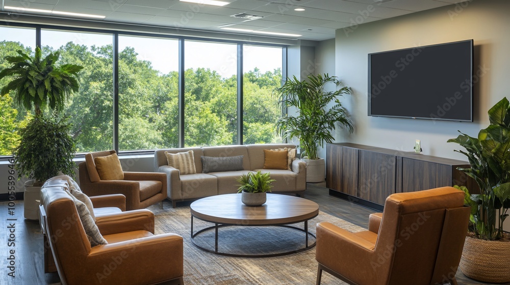 Modern office lounge with comfortable seating, a coffee table, and large windows overlooking a green landscape. Modern office lounge with comfortable seating, a coffee table, and large windows overlooking a green landscape.