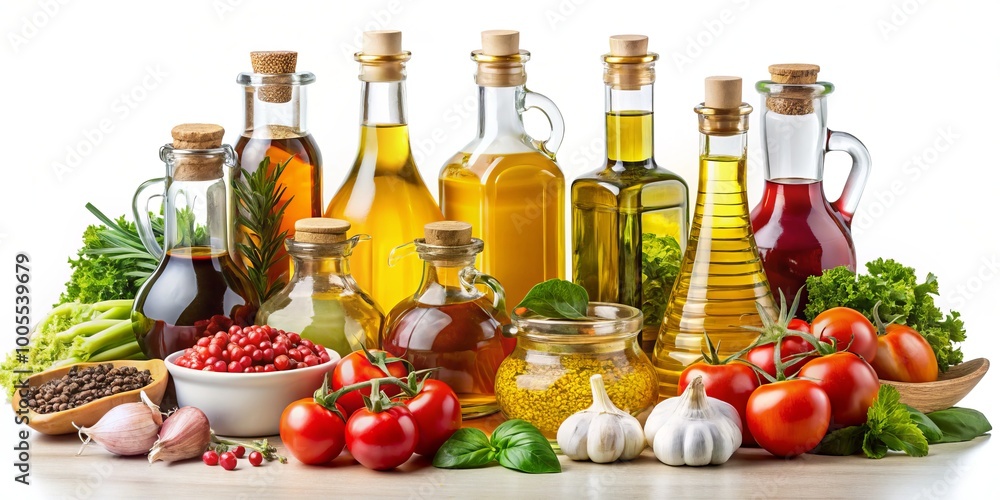 An assortment of vegetable oils and fats, with numerous ingredients, showcased on a white backdrop, ideal for enhancing An assortment of vegetable oils and fats, with numerous ingredients, showcased on a white backdrop, ideal for enhancing