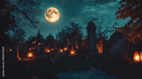 A haunting graveyard scene illuminated by lanterns under a full moon, creating an eerie and mystical atmosphere.