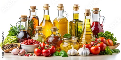 An assortment of vegetable oils and fats, with numerous ingredients, showcased on a white backdrop, ideal for enhancing