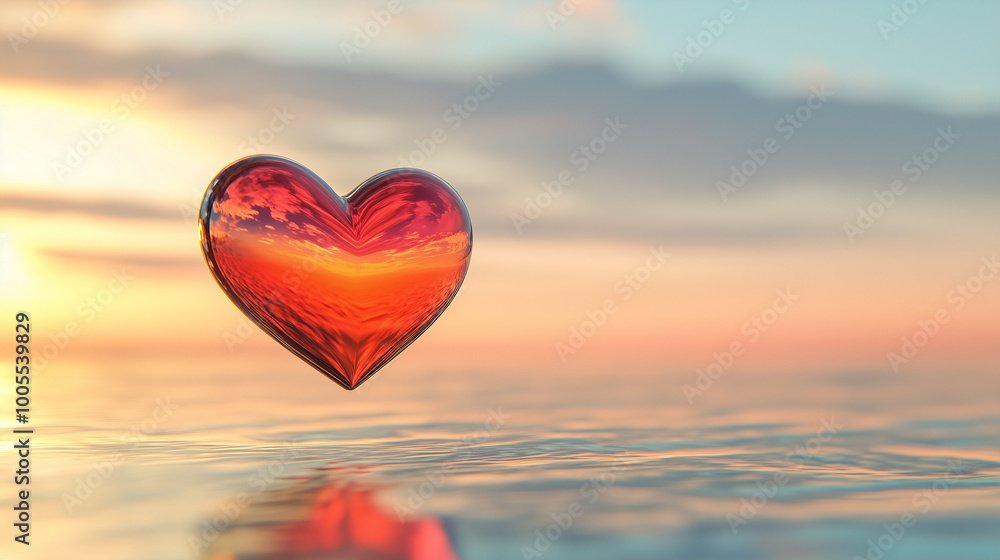 Fototapeta premium Glossy red heart floating in mid-air, against a soft pastel sky, morning light with gentle reflections, calm and serene mood