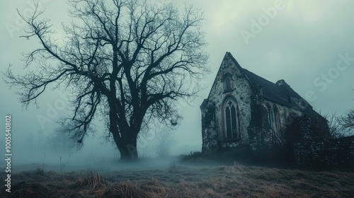 A hauntingly beautiful image of a ruined church and bare tree in a foggy landscape, evoking feelings of mystery and solitude.