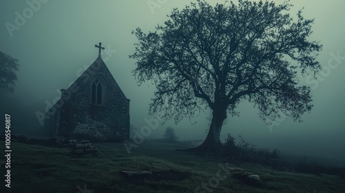 A hauntingly beautiful scene of a church and tree shrouded in eerie fog, evoking mystery and tranquility in nature.