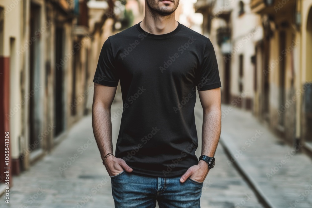 close-up of man in black blank t-shirt mockup in street close-up of man in black blank t-shirt mockup in street