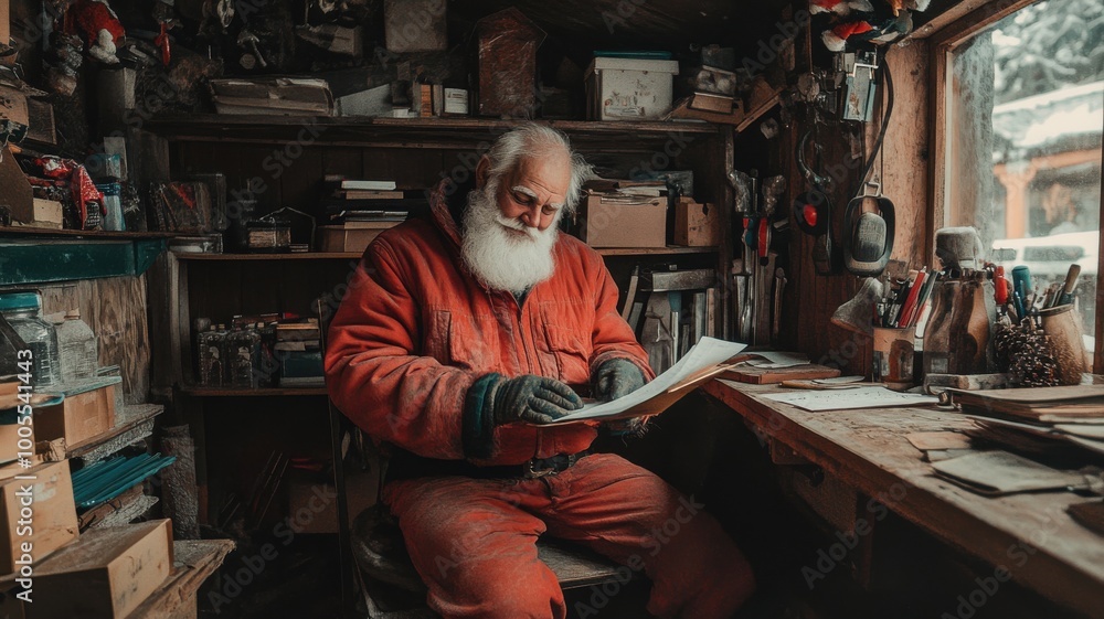 Santa Claus reviewing gifts in his workshop beside a window. Santa Claus reviewing gifts in his workshop beside a window.