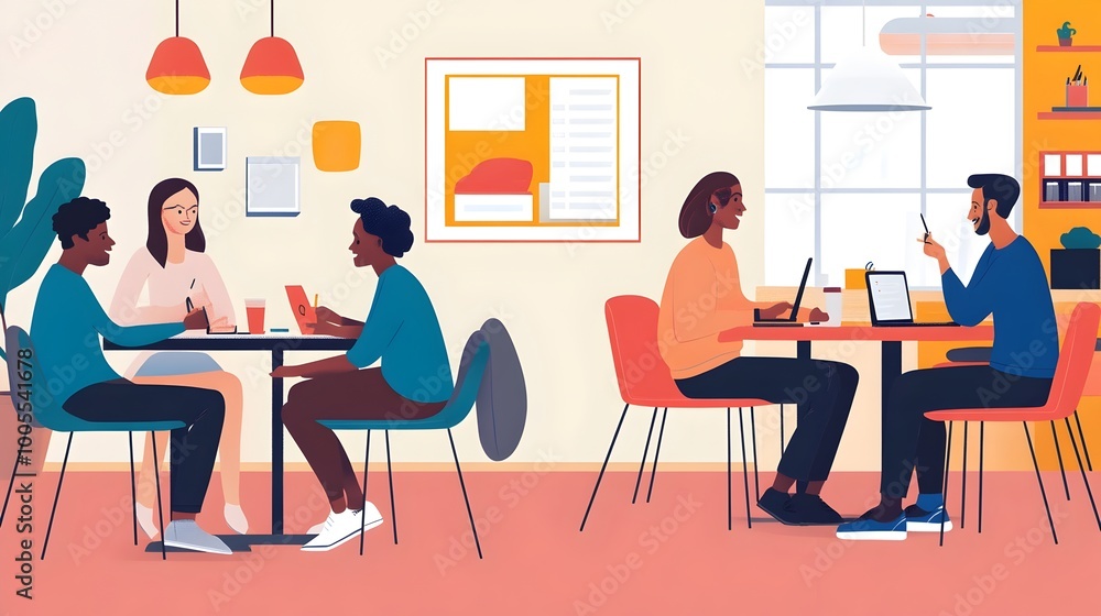 Diverse Coworkers Collaborating in a Modern Coworking Office Space Diverse Coworkers Collaborating in a Modern Coworking Office Space