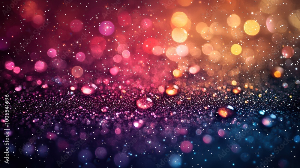 A vibrant display of colorful bokeh and water droplets captured against a blurred background during a night event A vibrant display of colorful bokeh and water droplets captured against a blurred background during a night event