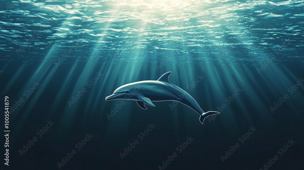 Obraz premium A lone dolphin swims through the deep blue ocean water, illuminated by beams of sunlight.