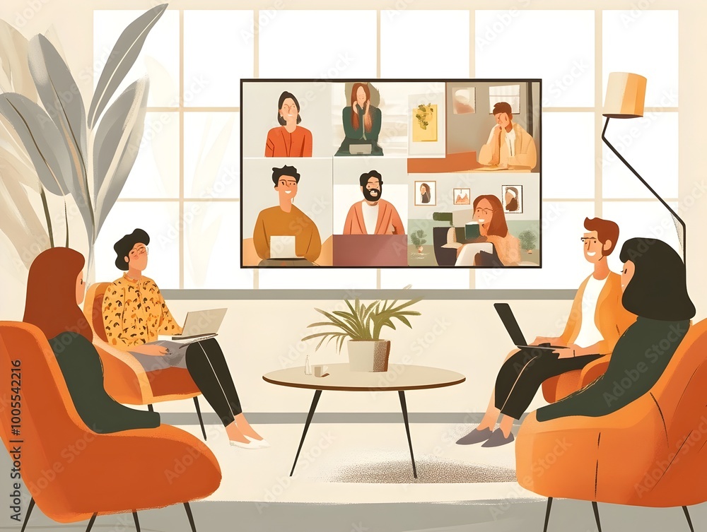 Virtual office meeting with employees in video conference on computer screens Virtual office meeting with employees in video conference on computer screens