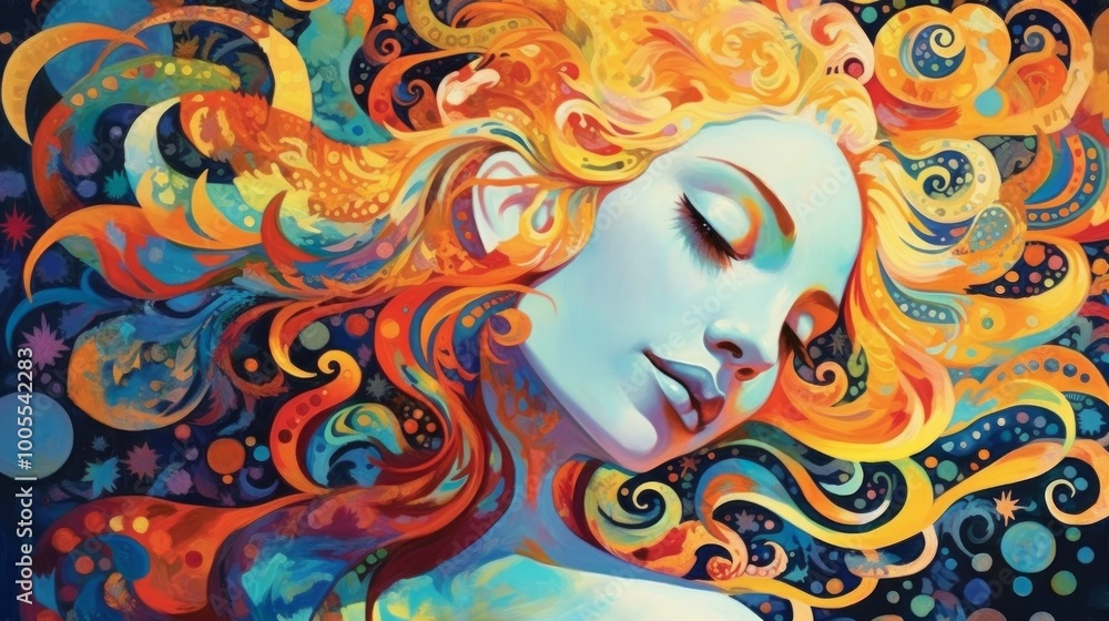 A vibrant, colorful illustration of a serene woman with flowing hair. A vibrant, colorful illustration of a serene woman with flowing hair.