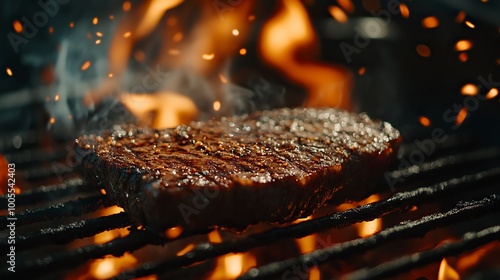 BBQ dry aged wagyu roast beef steak grilled as close-up on a charcoal grill with fire and smoke generative ai