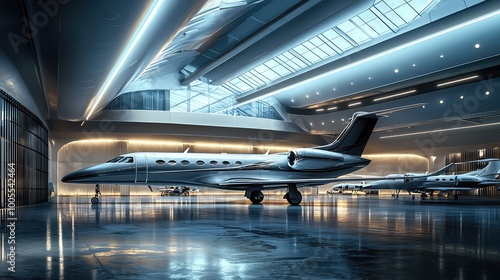 A luxurious private jet parked in a modern airport hangar with sleek design and elegant lighting.