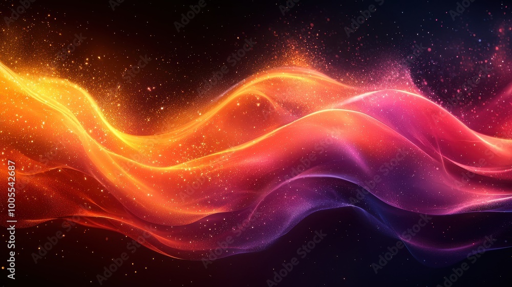 Vibrant abstract waves of orange and purple shimmer against a dark background, creating a captivating visual experience Vibrant abstract waves of orange and purple shimmer against a dark background, creating a captivating visual experience