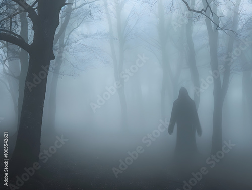 Ghostly figure shrouded in mist wanders through dense forest, surrounded by eerie stillness and shadows.