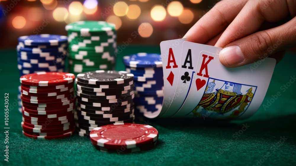 A hand holding playing cards alongside colorful poker chips on a green felt surface, set against a blurred, festive background. A hand holding playing cards alongside colorful poker chips on a green felt surface, set against a blurred, festive background.
