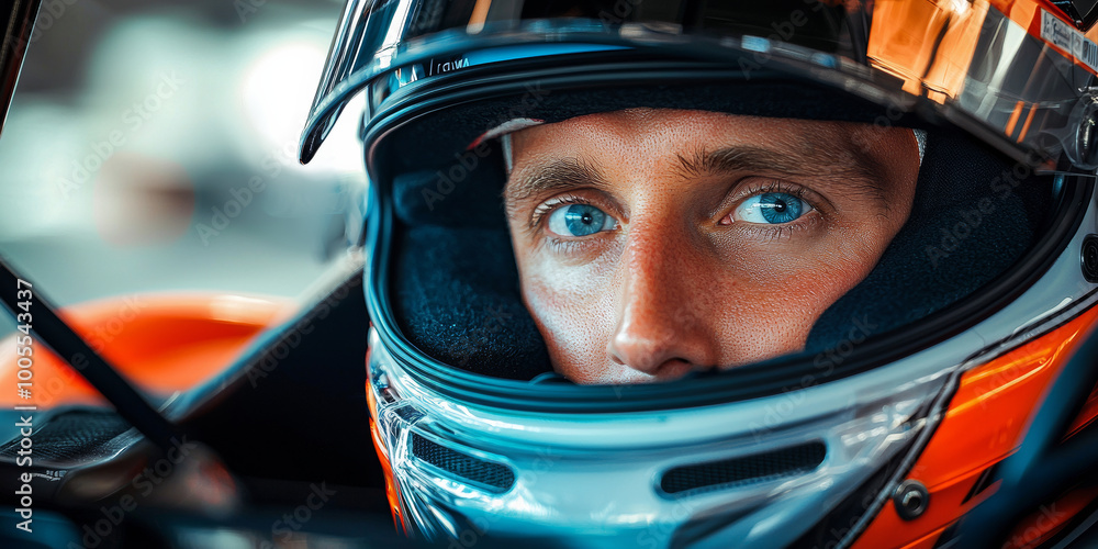 A close up portrait of a race car driver in his helmet, generative AI A close up portrait of a race car driver in his helmet, generative AI