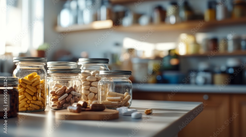 A close-up view of jars filled with various supplements and snacks set against a well-organized kitchen backdrop. A close-up view of jars filled with various supplements and snacks set against a well-organized kitchen backdrop.