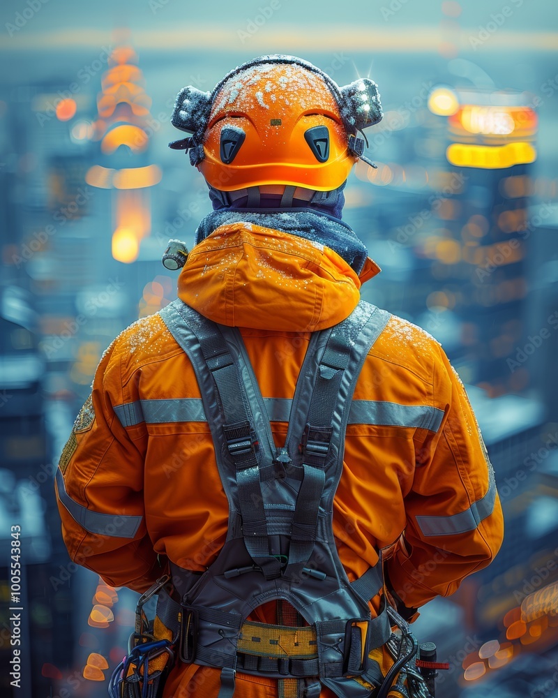 Male industrial climber ready to ascend a building for window cleaning under sunlit background Male industrial climber ready to ascend a building for window cleaning under sunlit background