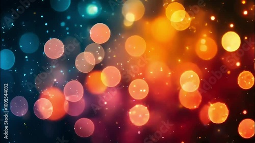 Bokeh light effects in blue, orange, and red colors with glowing particles. Abstract background for 4K background material for loop playback